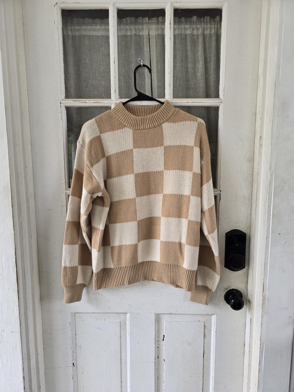 Neutral Checkerboard Crewneck Sweater - Beige & Cream